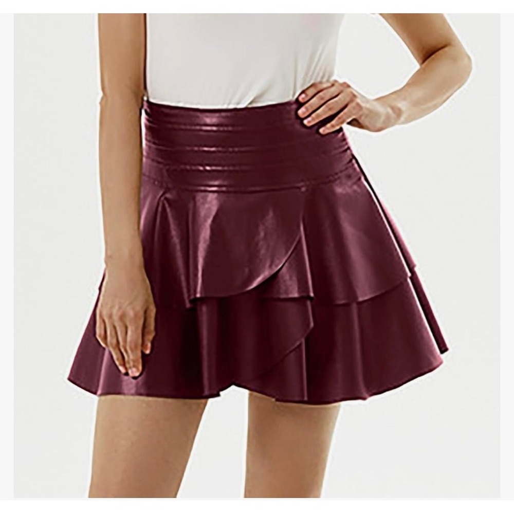 Commense Burgundy Faux Leather Skirt Ruffle Mini High Waist Party Cocktail S